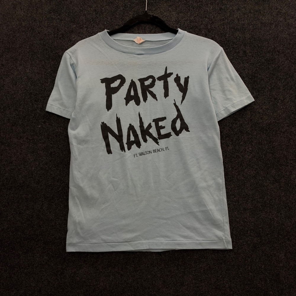 Vintage 70s Party Naked Ft Walton Beach FL T-Shirt Blue Small Funny Rare